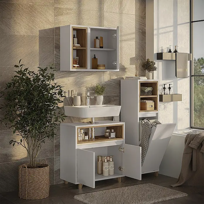 Vicco Badmöbel-Set Elnor Weiß/Eiche 3 Teile mit Midischrank - Weiß, Matt - Modernes Badmöbelset in Weiß und Holzoptik mit Waschbeckenunterschrank, Wandschrank und hohem Regal mit Kippwäschekorb.