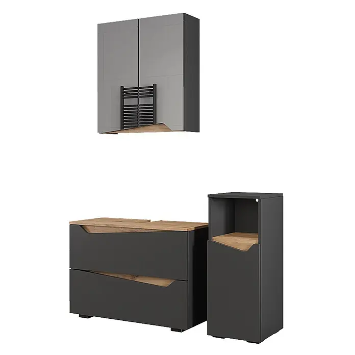 Vicco Badmöbel-Set Marelle Anthrazit 3 Teile mit Midischrank - Anthrazit, Matt - Modernes Schlafzimmerset in Anthrazit und Eiche mit Spiegelschrank, Kommode und Nachttisch.