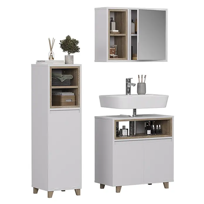 Vicco Badmöbel-Set Elnor Weiß/Eiche 3 Teile mit Midischrank - Weiß, Matt - Modernes Badmöbelset in Weiß und Holzoptik: Hochschrank, Spiegelschrank, Waschtisch mit Waschbecken.
