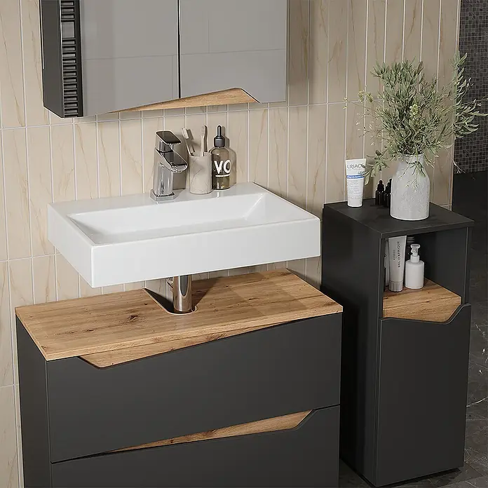 Vicco Badmöbel-Set Marelle Anthrazit 3 Teile mit Midischrank - Anthrazit, Matt - Moderner anthrazitfarbener Badunterschrank mit Holz-Akzenten & weißem Waschbecken, dazu passender Hochschrank.