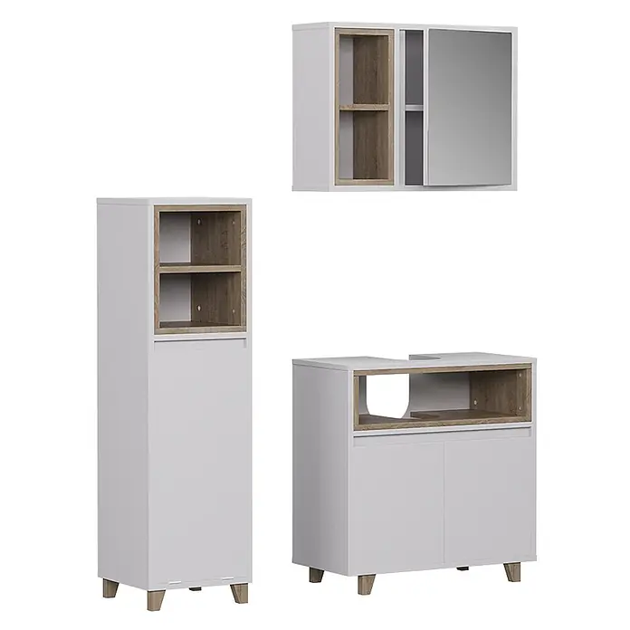 Vicco Badmöbel-Set Elnor Weiß/Eiche 3 Teile mit Midischrank - Weiß, Matt - Badezimmermöbel-Set in Weiß und Eiche-Optik: Spiegelschrank, Hochschrank und Waschtischunterschrank.