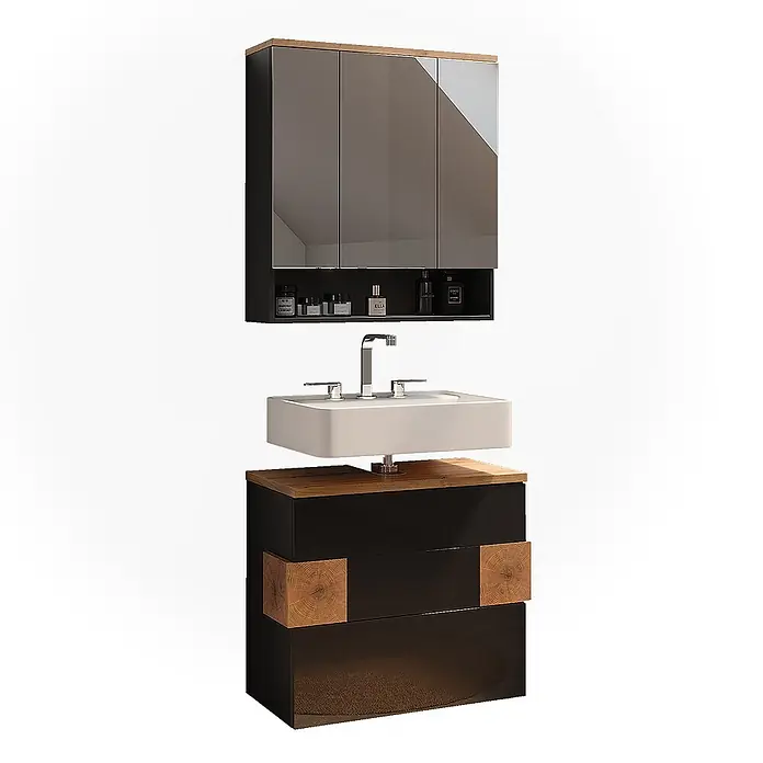 Vicco Badmöbel-Set Eden Anthrazit 2 Teile - Anthrazit, Glänzend - Schwarzer Badmöbel-Set mit Holzdetails, Spiegelschrank, weißem Aufsatzwaschbecken und Chromarmatur.
