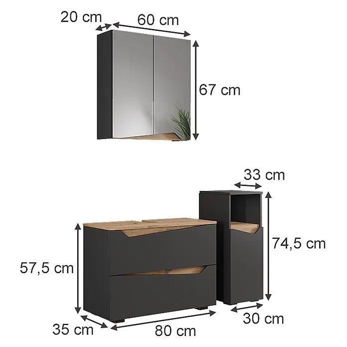 Vicco Badmöbel-Set Marelle Anthrazit 3 Teile mit Midischrank - Anthrazit, Matt - Dunkelgraues und holzfarbenes Wandregal, Kommode und Beistellschrank-Set.