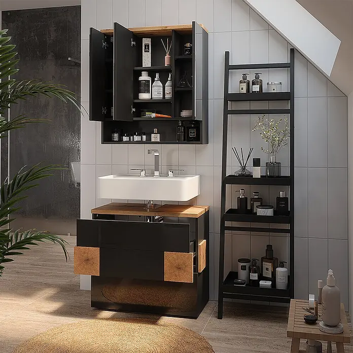 Vicco Badmöbel-Set Eden Anthrazit 2 Teile - Anthrazit, Glänzend - Schwarzes Badmöbel-Set mit Waschbecken, Wandschrank und Unterschrank, mit Holzdetails.
