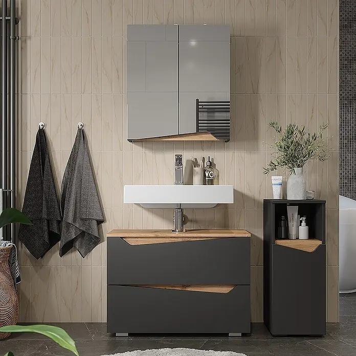 Vicco Badmöbel-Set Marelle Anthrazit 3 Teile mit Midischrank - Anthrazit, Matt - Modernes anthrazitfarbenes Badmöbelset mit Holzoptik, Waschbeckenunterschrank, Hochschrank und Spiegelschrank.