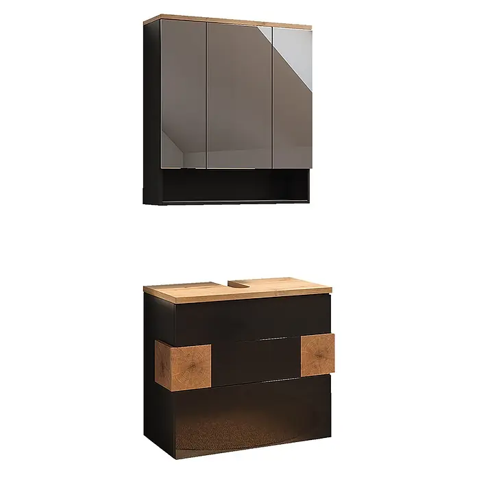 Vicco Badmöbel-Set Eden Anthrazit 2 Teile - Anthrazit, Glänzend - Schwarzes Badmöbel-Set: Spiegelschrank & Waschtischunterschrank mit heller Holzplatte & Holzdetails.