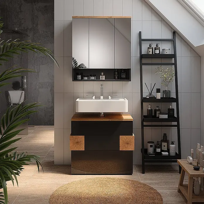 Vicco Badmöbel-Set Eden Anthrazit 2 Teile - Anthrazit, Glänzend - Moderner Waschtisch in Schwarz und Holz mit weißem Becken und Spiegelschrank.