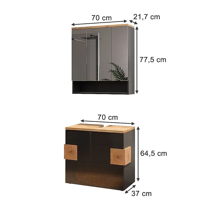 Vicco Badmöbel-Set Eden Anthrazit 2 Teile - Anthrazit, Glänzend - Anthrazitfarbenes Badmöbel-Set: Spiegelschrank mit Holzplatte und Ablage, dazu ein Unterschrank mit Holzdetails und Schubladen.