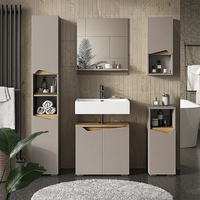 Vicco Badmöbel-Set Marelle Greige 2 Teile - Greige, Matt - Modernes graues Badmöbel-Set mit Naturholz-Akzenten, bestehend aus Waschtischunterschrank, Hochschrank und Wandschrank.