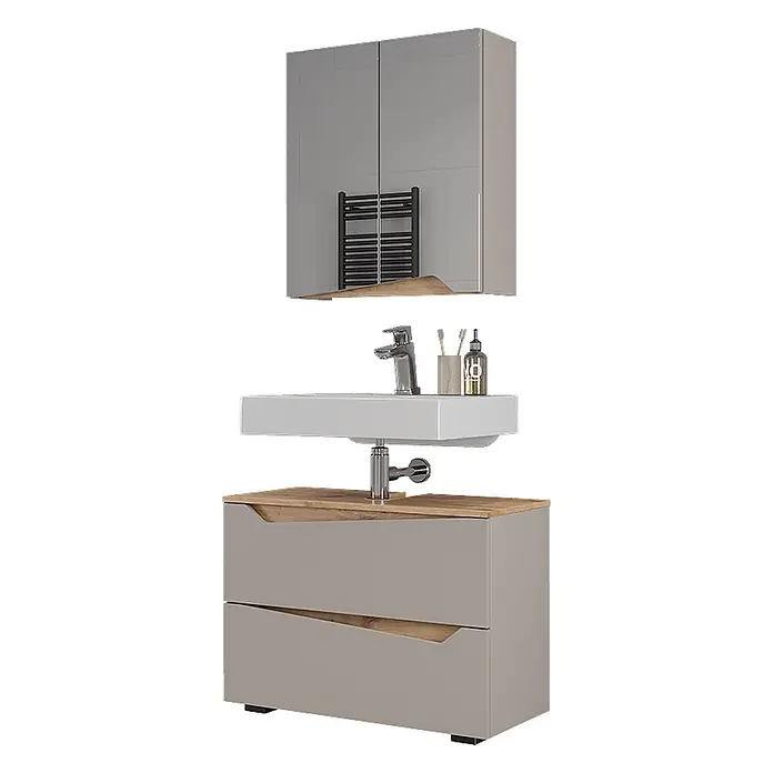 Vicco Badmöbel-Set Marelle Greige 2 Teile - Greige, Matt - Modernes graues Badmöbel-Set mit weißem Waschbecken, Chromarmatur und Spiegelschrank, mit Holz akzentuiert.