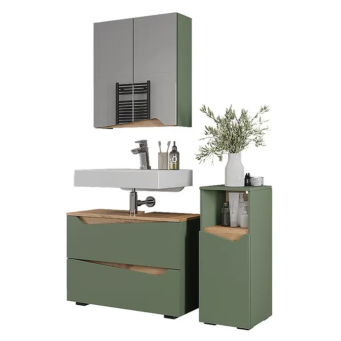 Vicco Badmöbel-Set Marelle Grün/Artisan 3 Teile mit Midischrank - Grün, Matt - Salbeigrünes Badmöbelset mit Spiegelschrank, Holzdetails, Waschbecken und Hochschrank.