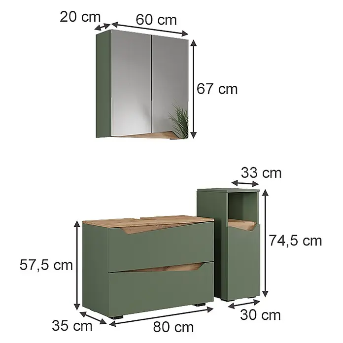 Vicco Badmöbel-Set Marelle Grün/Artisan 3 Teile mit Midischrank - Grün, Matt - Grüne modulare Möbelgarnitur mit Holz-Akzenten: Wandschrank, Kommode und hoher Aufbewahrungsschrank.