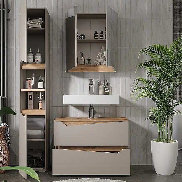 Vicco Badmöbel-Set Marelle Greige 3 Teile mit Hochschrank - Greige, Matt - Helles Taupe- und Holz-Badezimmermöbelset mit Waschtisch, weißem Waschbecken, Hochschrank und Spiegelschrank.