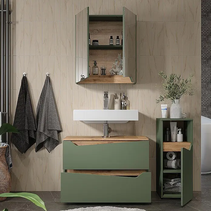 Vicco Badmöbel-Set Marelle Grün/Artisan 3 Teile mit Midischrank - Grün, Matt - Grünes Badmöbel-Set mit Waschbecken, Wandschrank und Hochschrank, kombiniert mit Holz.