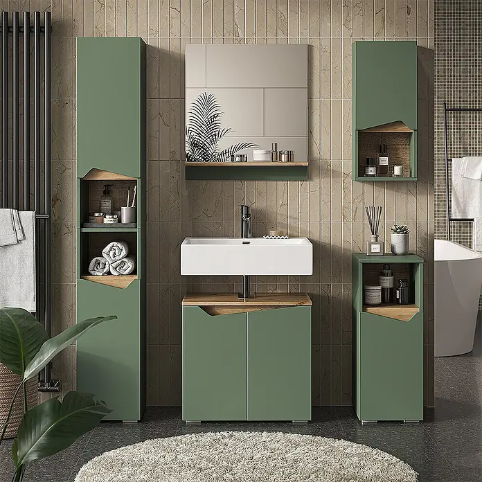 Vicco Badmöbel-Set Marelle Grün/Artisan 3 Teile mit Midischrank - Grün, Matt - Grünes Badmöbel-Set mit Holzdetails, inkl. Hochschränken, Waschtisch und Beistellschrank.