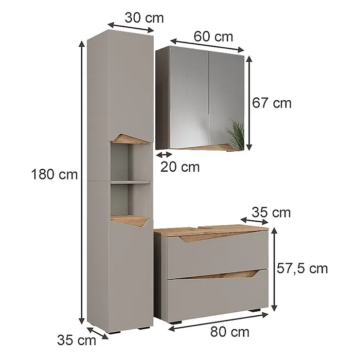 Vicco Badmöbel-Set Marelle Greige 3 Teile mit Hochschrank - Greige, Matt - Modernes hellgraues Badmöbel-Set mit Holz-Akzenten, bestehend aus Hochschrank, Wandschrank und Unterschrank mit Schubladen.