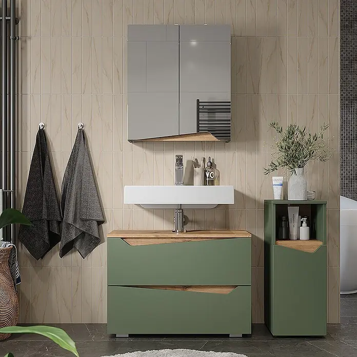 Vicco Badmöbel-Set Marelle Grün/Artisan 3 Teile mit Midischrank - Grün, Matt - Modernes grün-holzfarbenes Badmöbel-Set mit Waschbecken, Spiegelschrank und hohem Schrank in einem Badezimmer.