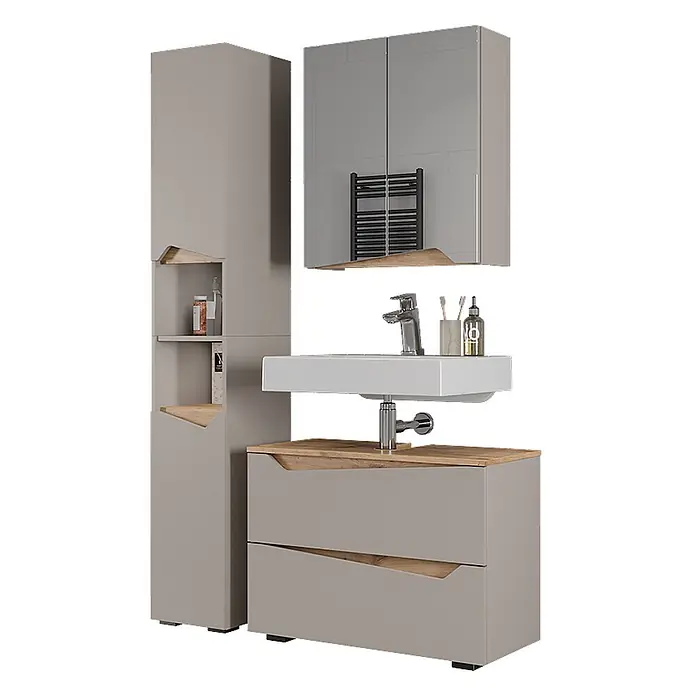 Vicco Badmöbel-Set Marelle Greige 3 Teile mit Hochschrank - Greige, Matt - Helles graues Badmöbel-Set mit Naturholz-Details, bestehend aus Hochschrank, Spiegelschrank und Waschtischunterschrank mit Waschbecken.
