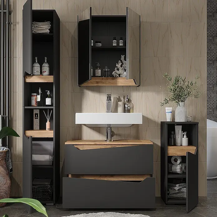 Vicco Badmöbel-Set Marelle Anthrazit 4 Teile - Anthrazit, Matt - Dunkelgraues Badmöbelset mit Holzdetails, bestehend aus Hochschrank, Waschtisch, Spiegelschrank und Beistellschrank.