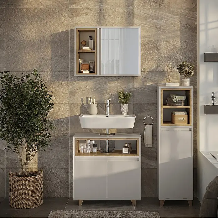 Vicco Badmöbel-Set Elnor Greige 3 Teile mit Midischrank - Greige, Matt - Weißer Badezimmerschrank mit Waschbecken, passendem Spiegelschrank und hohem Stauraumschrank mit Holzdetails.