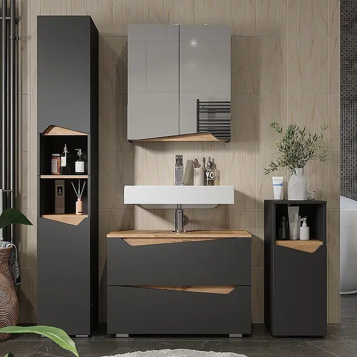 Vicco Badmöbel-Set Marelle Anthrazit 4 Teile - Anthrazit, Matt - Modernes dunkelgraues Badmöbel-Set mit Holzdetails, bestehend aus Hochschrank, Waschtisch, Spiegelschrank und Beistellschrank.
