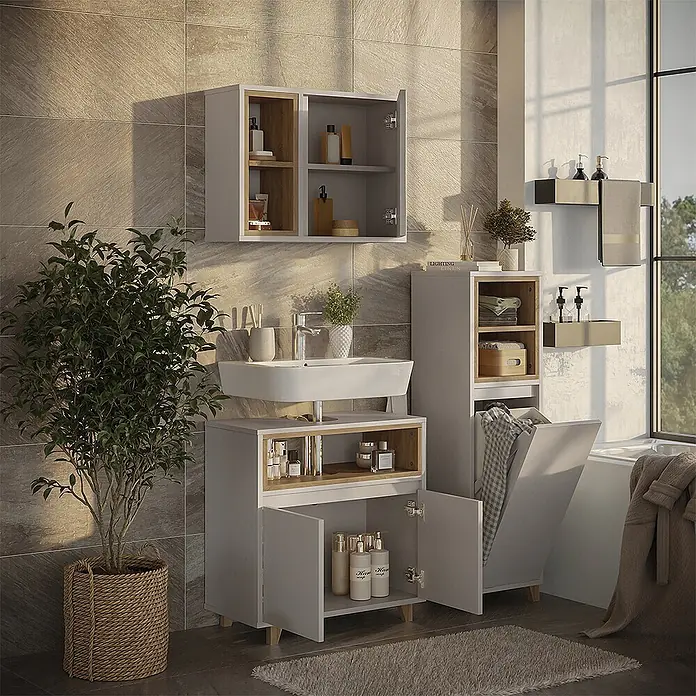 Vicco Badmöbel-Set Elnor Greige 3 Teile mit Midischrank - Greige, Matt - Modernes hellgraues Badmöbelset mit Holzdetails, bestehend aus Waschtischunterschrank, Wandschrank und Hochschrank, für mehr Badorganisation.