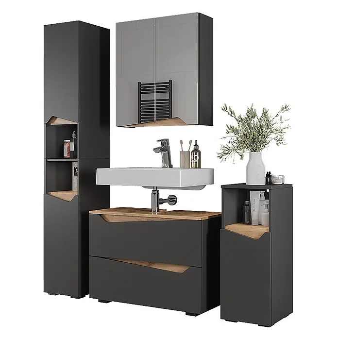 Vicco Badmöbel-Set Marelle Anthrazit 4 Teile - Anthrazit, Matt - Modernes dunkelgraues Badmöbel-Set mit Holz-Akzenten, inklusive Waschtischunterschrank, Hochschränken und Spiegelschrank.