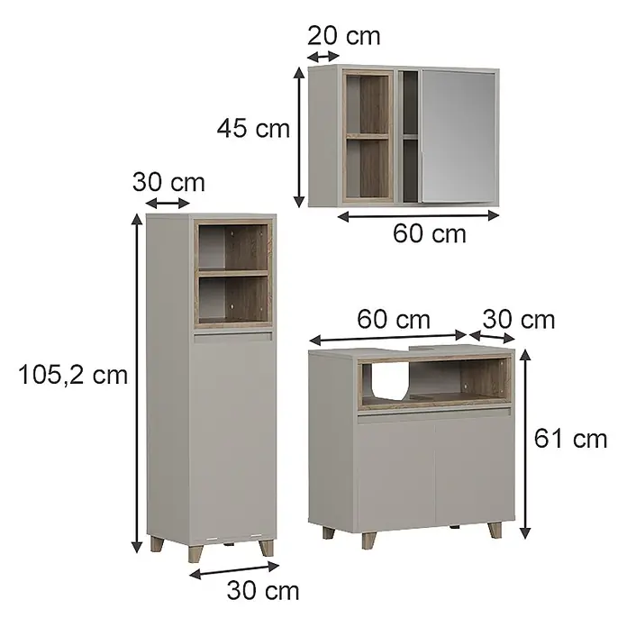 Vicco Badmöbel-Set Elnor Greige 3 Teile mit Midischrank - Greige, Matt - Graues Badmöbelset mit Holzdetails: Hängeschrank, Hochschrank und Waschtischunterschrank. Mit offenen Fächern und geschlossener Aufbewahrung.