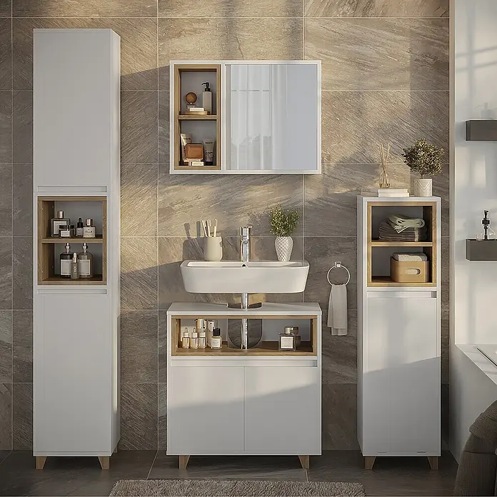 Vicco Badmöbel-Set Elnor Weiß/Eiche 4 Teile - Weiß, Matt - Modernes weißes Badmöbel-Set mit hellen Holz Akzenten, inklusive Waschtischunterschrank, Hochschränken und Spiegelschrank.