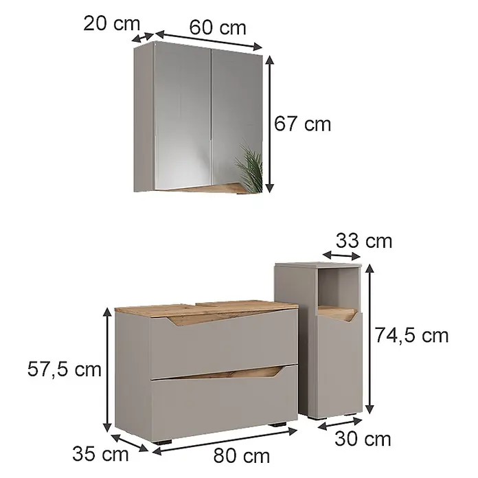Vicco Badmöbel-Set Marelle Greige 3 Teile mit Midischrank - Greige, Matt - Modulares graues Möbelset mit Holzdetails, bestehend aus einem Wandschrank, einer Kommode und einem hohen Beistellschrank.