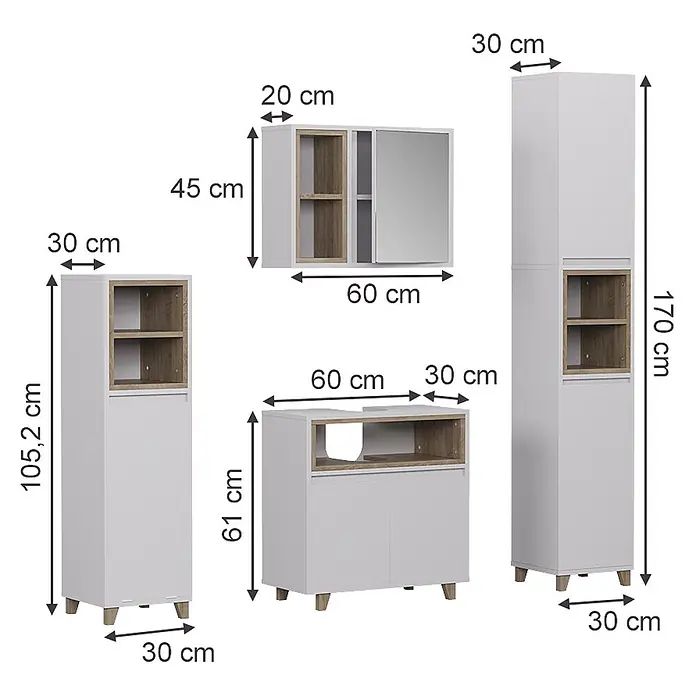 Vicco Badmöbel-Set Elnor Weiß/Eiche 4 Teile - Weiß, Matt - Weißes Badmöbel-Set mit hellen Holzdetails, bestehend aus Spiegelschrank, Waschtischunterschrank und Hochschränken.