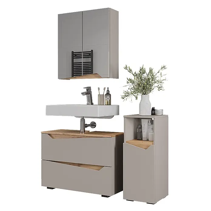 Vicco Badmöbel-Set Marelle Greige 3 Teile mit Midischrank - Greige, Matt - Hellgraues Badezimmermöbel-Set mit Holzdetails, Spiegelschrank, Waschtisch mit Waschbecken und Beistellschrank.