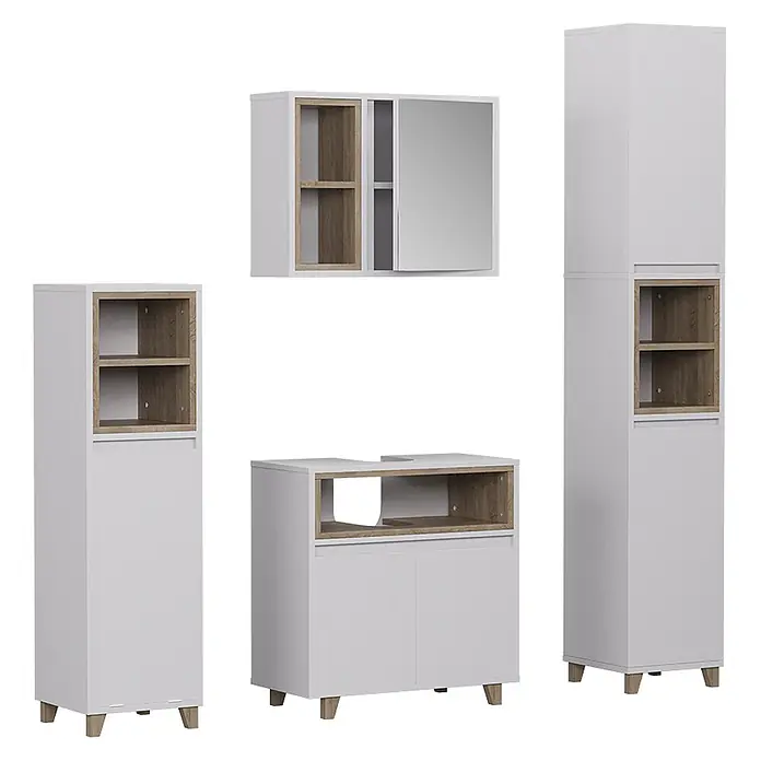 Vicco Badmöbel-Set Elnor Weiß/Eiche 4 Teile - Weiß, Matt - Weißes Badezimmermöbel-Set mit Naturholz-Optik, inklusive Wand- und Standelementen.
