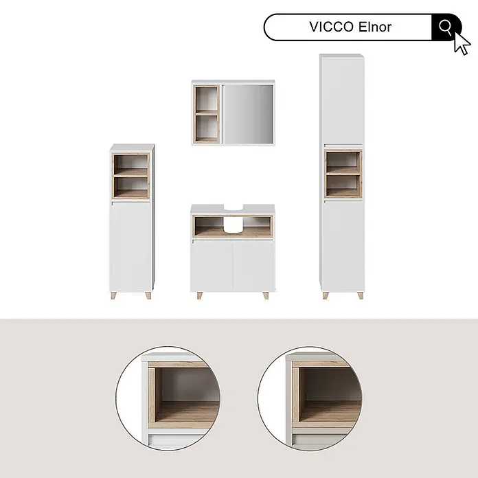 Vicco Badmöbel-Set Elnor Weiß/Eiche 4 Teile - Weiß, Matt - VICCO Elnor Badmöbel-Set: weiße Schränke mit Holz-Akzenten, inklusive Hochschränken, Waschtischunterschrank und Spiegelschrank.