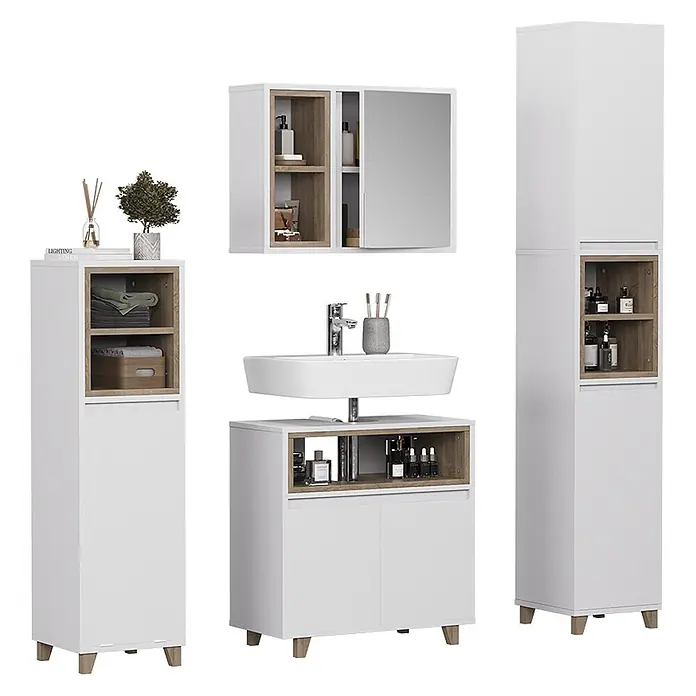 Vicco Badmöbel-Set Elnor Weiß/Eiche 4 Teile - Weiß, Matt - Modernes Badmöbelset in Weiß und hellem Holz mit Spiegelschrank, Waschtisch und zwei Hochschränken.