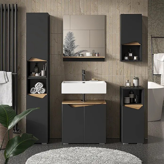 Vicco Badmöbel-Set Marelle Anthrazit 2 Teile - Anthrazit, Matt - Moderne anthrazitfarbene Badmöbelgarnitur mit Naturholzdetails, bestehend aus Waschtischunterschrank, Hochschrank, Wandschrank und Beistellschrank.
