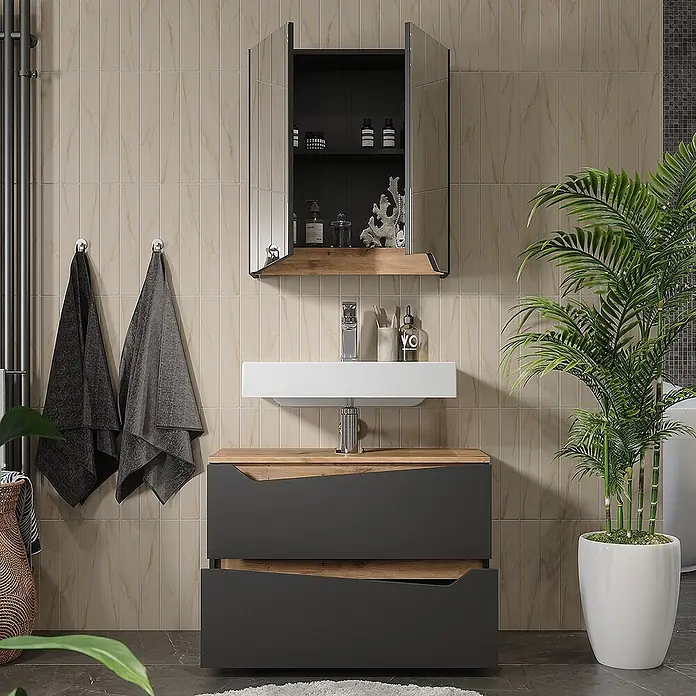 Vicco Badmöbel-Set Marelle Anthrazit 2 Teile - Anthrazit, Matt - Modernes Badezimmer-Set in Dunkelgrau und Holzoptik mit weißem Waschbecken und passendem Spiegelschrank im Bad.