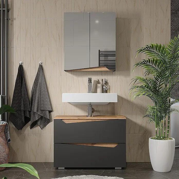 Vicco Badmöbel-Set Marelle Anthrazit 2 Teile - Anthrazit, Matt - Moderner dunkelgrauer Badunterschrank mit Holzdetails und weißem Waschbecken, dazu Spiegelschrank, im Bad.