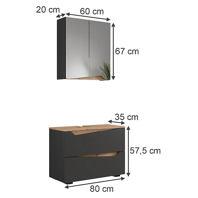 Vicco Badmöbel-Set Marelle Anthrazit 2 Teile - Anthrazit, Matt - Zwei schwarze Badmöbel in Holzoptik: ein Wandschrank mit Spiegeltüren und ein Waschtischunterschrank mit Schubladen. Maße sind angegeben.