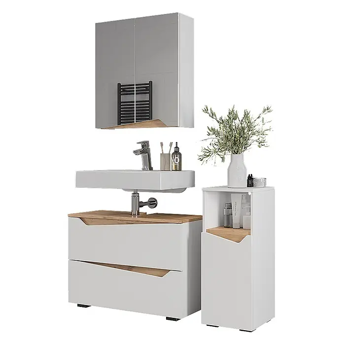 Vicco Badmöbel-Set Marelle Weiß 3 Teile mit Midischrank - Weiß, Matt - Modernes weiß-helles Badmöbelset mit Waschtisch, Spiegelschrank und Beistellschrank.