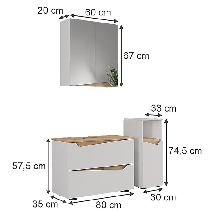 Vicco Badmöbel-Set Marelle Weiß 3 Teile mit Midischrank - Weiß, Matt - Weiß-Holz-Möbelset mit Maßen: Wandschrank (60x20x67cm), Kommode (80x35x57.5cm) und Hochschrank (33x30x74.5cm).