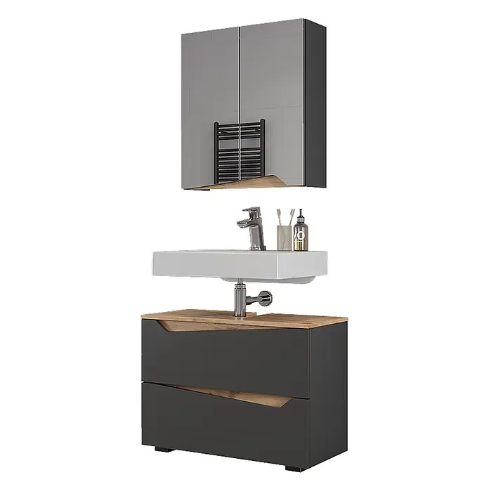 Vicco Badmöbel-Set Marelle Anthrazit 2 Teile - Anthrazit, Matt - Modernes Badmöbel-Set mit grauem Hängeschrank, weißem Waschbecken, Chromarmatur und dunkelgrauem Unterschrank mit Holzapplikationen.