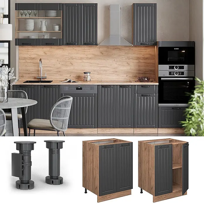 Vicco Schrankküche Fame-Line Dunkelgrau, AP Eiche - Dunkelgrau, Unterschrank 60 cm, AP Eiche - Dunkelgraue geriffelte Küchenschränke mit Holzoptik-Elementen und verstellbaren Füßen.