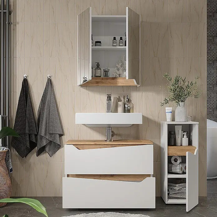 Vicco Badmöbel-Set Marelle Weiß 3 Teile mit Midischrank - Weiß, Matt - Modernes Badezimmermöbel-Set mit weißen Schränken, hellen Holzapplikationen, integriertem Waschbecken, Spiegelschrank und Beistellschrank.
