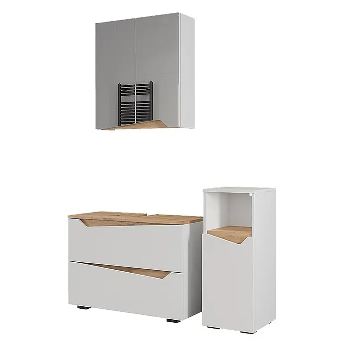 Vicco Badmöbel-Set Marelle Weiß 3 Teile mit Midischrank - Weiß, Matt - Modernes weißes Möbelset mit Holzdetails: Spiegelschrank, 2-Schubladen-Kommode und Hochschrank.