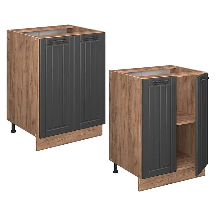 Vicco Schrankküche Fame-Line Dunkelgrau, AP Eiche - Dunkelgrau, Unterschrank 60 cm, AP Eiche - Holzoptik-Küchenunterschränke mit dunkelgrauen Lamellentüren. Ein Schrank ist geöffnet und zeigt ein Innenregal.