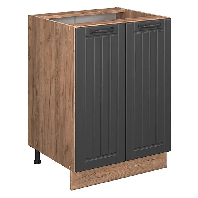 Vicco Schrankküche Fame-Line Dunkelgrau, AP Eiche - Dunkelgrau, Unterschrank 60 cm, AP Eiche - Küchenunterschrank mit dunkelgrauen Kassettentüren und hellem Holzdekorrahmen und Sockelleiste.