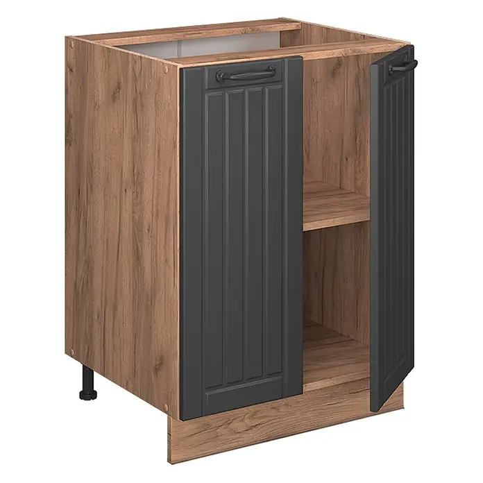 Vicco Schrankküche Fame-Line Dunkelgrau, AP Eiche - Dunkelgrau, Unterschrank 60 cm, AP Eiche - Küchenunterschrank in Holzoptik mit dunkelgrauen Kassettentüren und Einlegeboden, eine Tür leicht geöffnet.