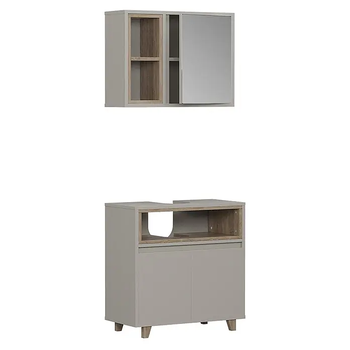 Vicco Badmöbel-Set Elnor Greige mit Spiegelschrank und Unterschrank - Greige, Matt - Hellgraues Badmöbelset mit Holzdetails: Hängeschrank mit Spiegel, offenen Fächern und Waschtischunterschrank mit Ablage, Türen, auf Füßen.