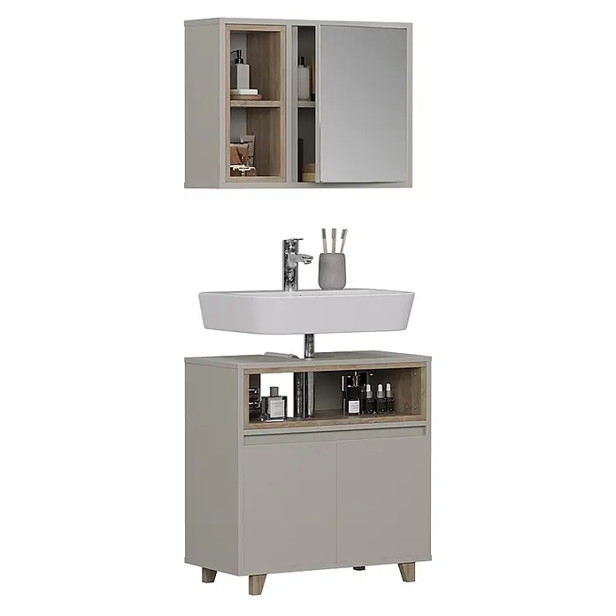 Vicco Badmöbel-Set Elnor Greige mit Spiegelschrank und Unterschrank - Greige, Matt - Graues Badmöbel-Set mit Waschbecken, Unterschrank mit Holzdetails und Spiegelschrank.